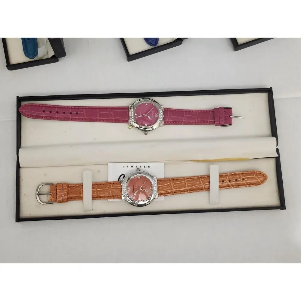 Vintage Genevex Womens Watch Lot 14 Boxed Quartz Colorful Leather Strap Set